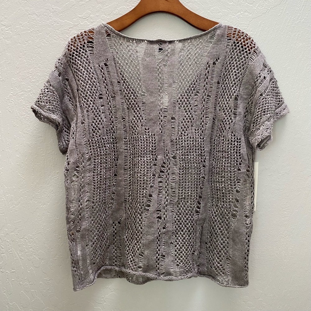 Eileen Fisher Precious Metal Open Texture Linen Silver V Neck S/S Top XS - Picture 3 of 11